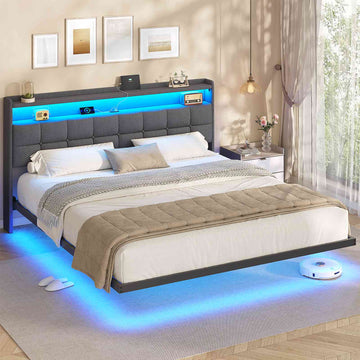 AOGLLATI Lit Flottant 180×200 CM Cadre de Lit Métal avec Éclairage LED Multiprise Tête de lit Capitonnée avec Rangement