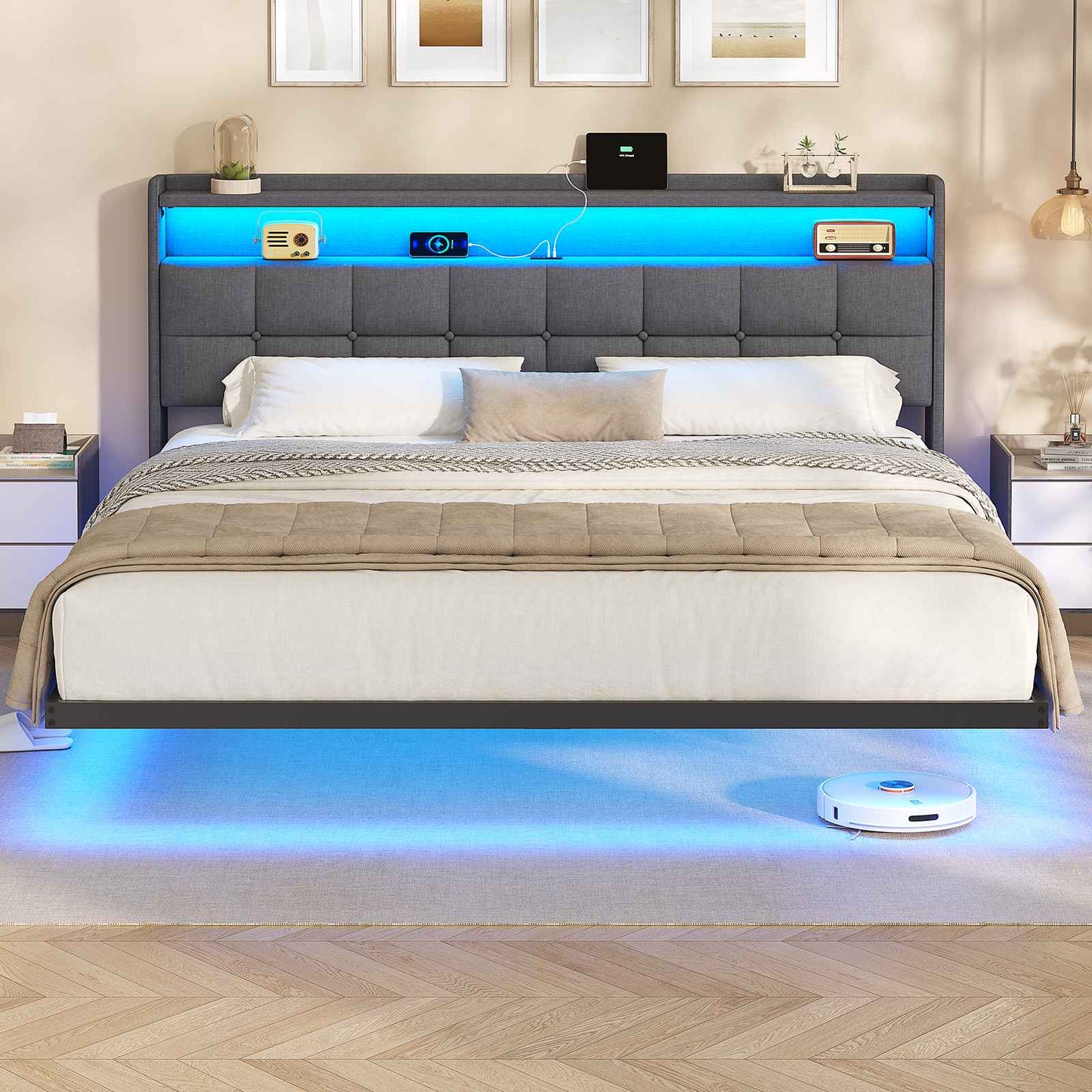 AOGLLATI Lit Flottant 180×200 CM Cadre de Lit Métal avec Éclairage LED Multiprise Tête de lit Capitonnée avec Rangement