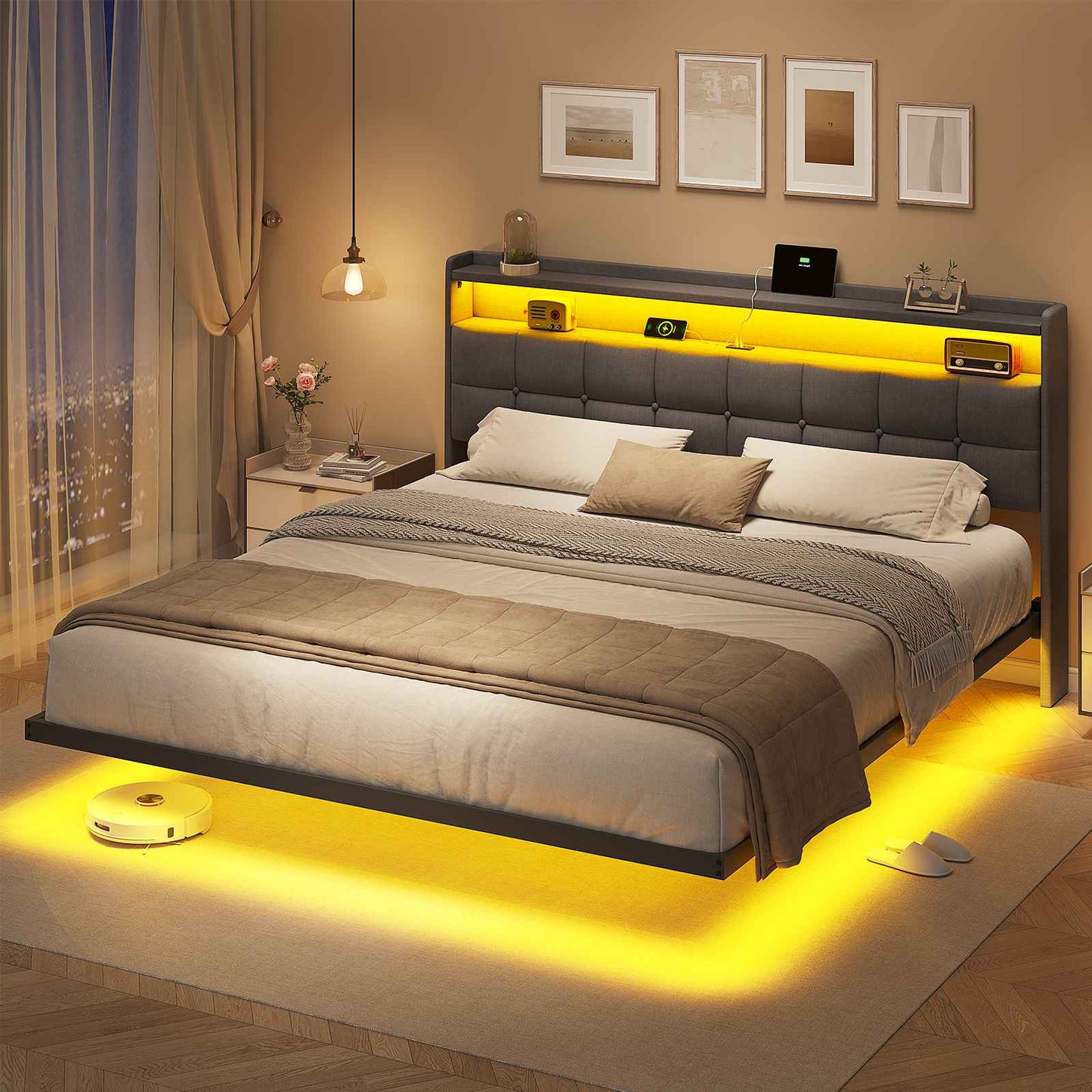 AOGLLATI Lit Flottant 180×200 CM Cadre de Lit Métal avec Éclairage LED Multiprise Tête de lit Capitonnée avec Rangement