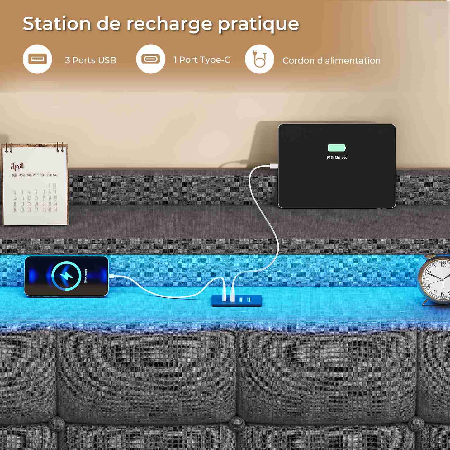 AOGLLATI Lit Flottant 180×200 CM Cadre de Lit Métal avec Éclairage LED Multiprise Tête de lit Capitonnée avec Rangement