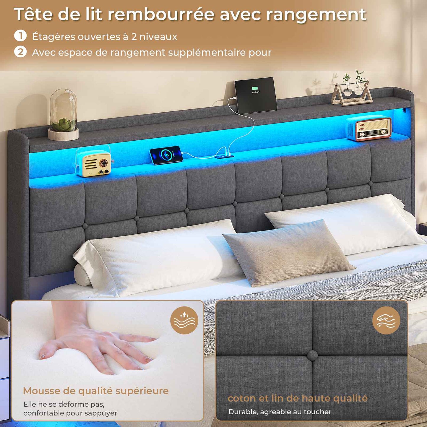AOGLLATI Lit Flottant 180×200 CM Cadre de Lit Métal avec Éclairage LED Multiprise Tête de lit Capitonnée avec Rangement