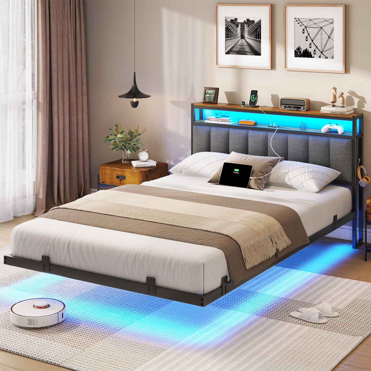 AOGLLATI Cadre de Lit 140x200 avec Multiprise et Éclairage LED Lit 2 Personnes Flottant avec Tête de Lit Rangement