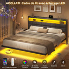 AOGLLATI Lit Flottant 180×200 CM Cadre de Lit Métal avec Éclairage LED Multiprise Tête de lit Capitonnée avec Rangement