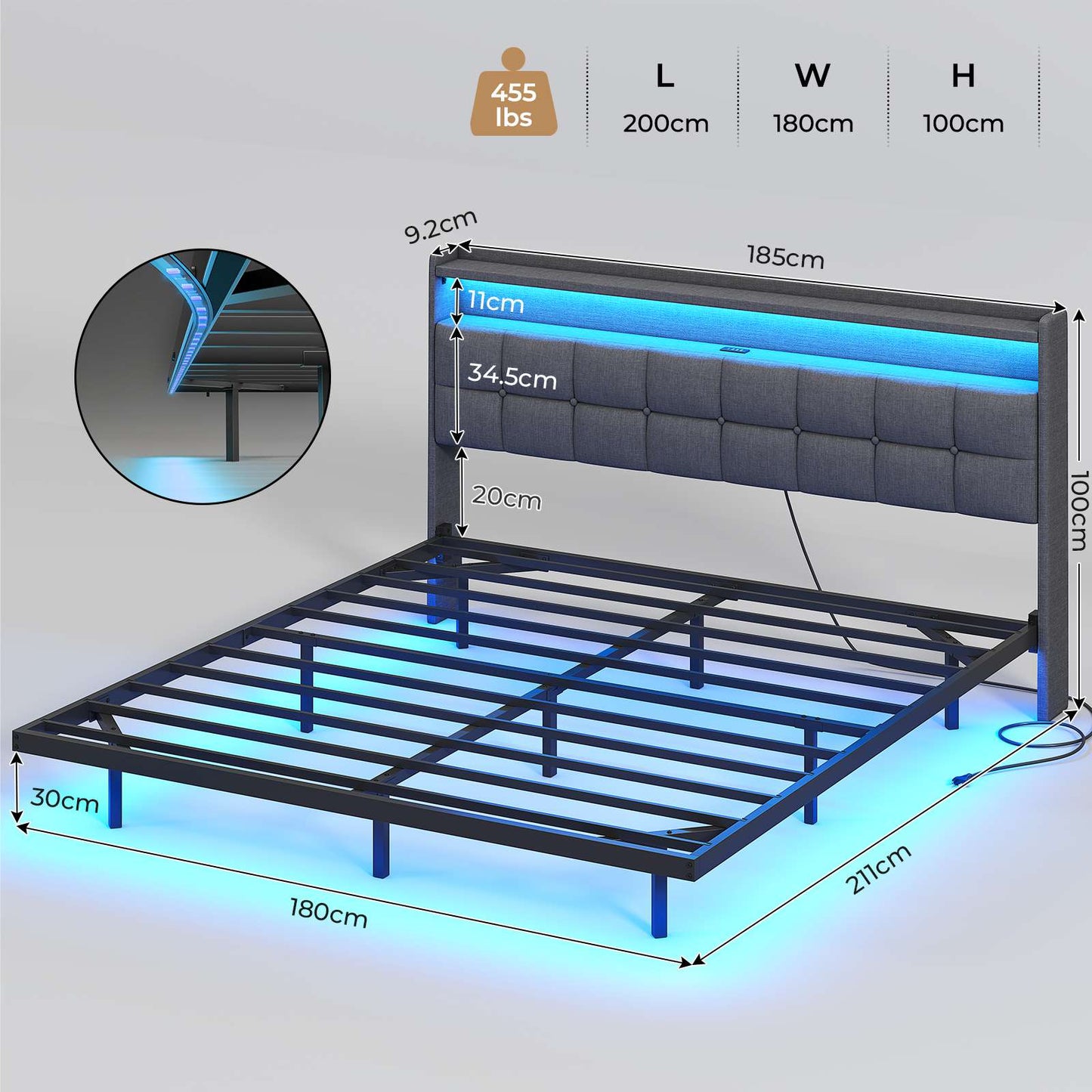 AOGLLATI Lit Flottant 180×200 CM Cadre de Lit Métal avec Éclairage LED Multiprise Tête de lit Capitonnée avec Rangement