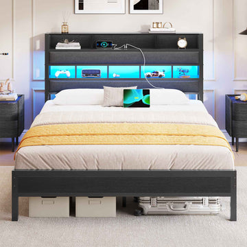 AOGLLATI Lit 140x190 avec Sommier en Métal Noir Lit Double avec Multiprise USB Ruban LED et 3 Étagères Ouvertes