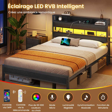 AOGLLATI Lit 140x190 avec Sommier en Métal Noir Lit Double avec Multiprise USB Ruban LED et 3 Étagères Ouvertes