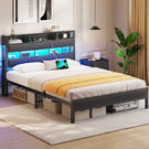 AOGLLATI Lit 140x190 avec Sommier en Métal Noir Lit Double avec Multiprise USB Ruban LED et 3 Étagères Ouvertes