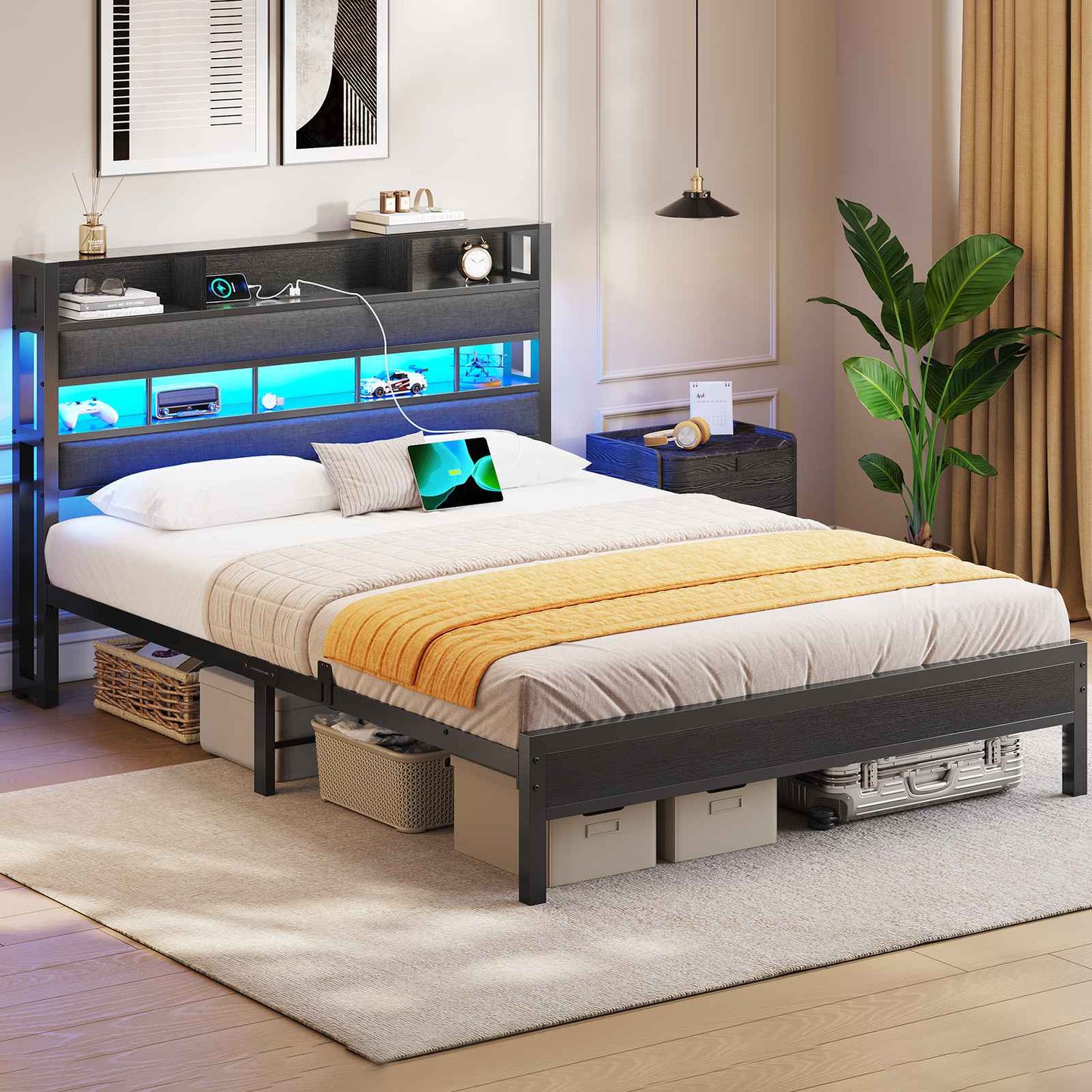 AOGLLATI Lit 140x190 avec Sommier en Métal Noir Lit Double avec Multiprise USB Ruban LED et 3 Étagères Ouvertes