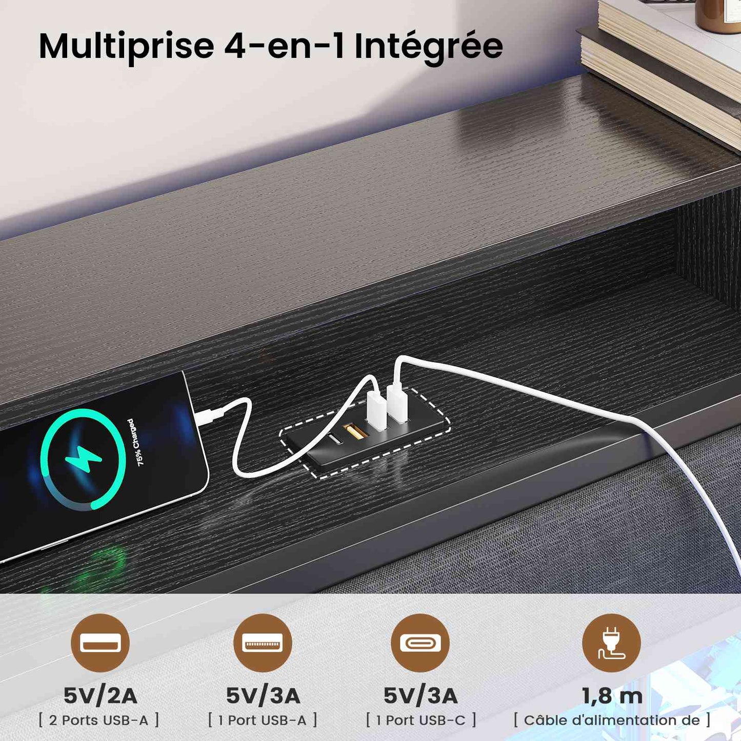 AOGLLATI Lit 140x190 avec Sommier en Métal Noir Lit Double avec Multiprise USB Ruban LED et 3 Étagères Ouvertes