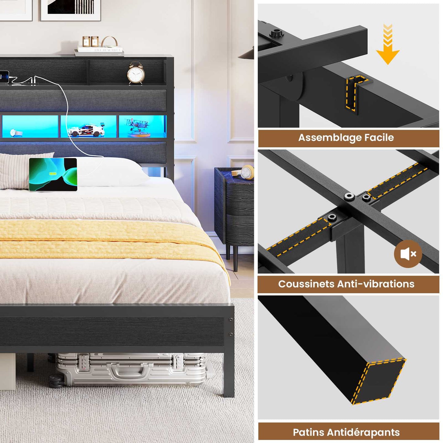 AOGLLATI Lit 140x190 avec Sommier en Métal Noir Lit Double avec Multiprise USB Ruban LED et 3 Étagères Ouvertes