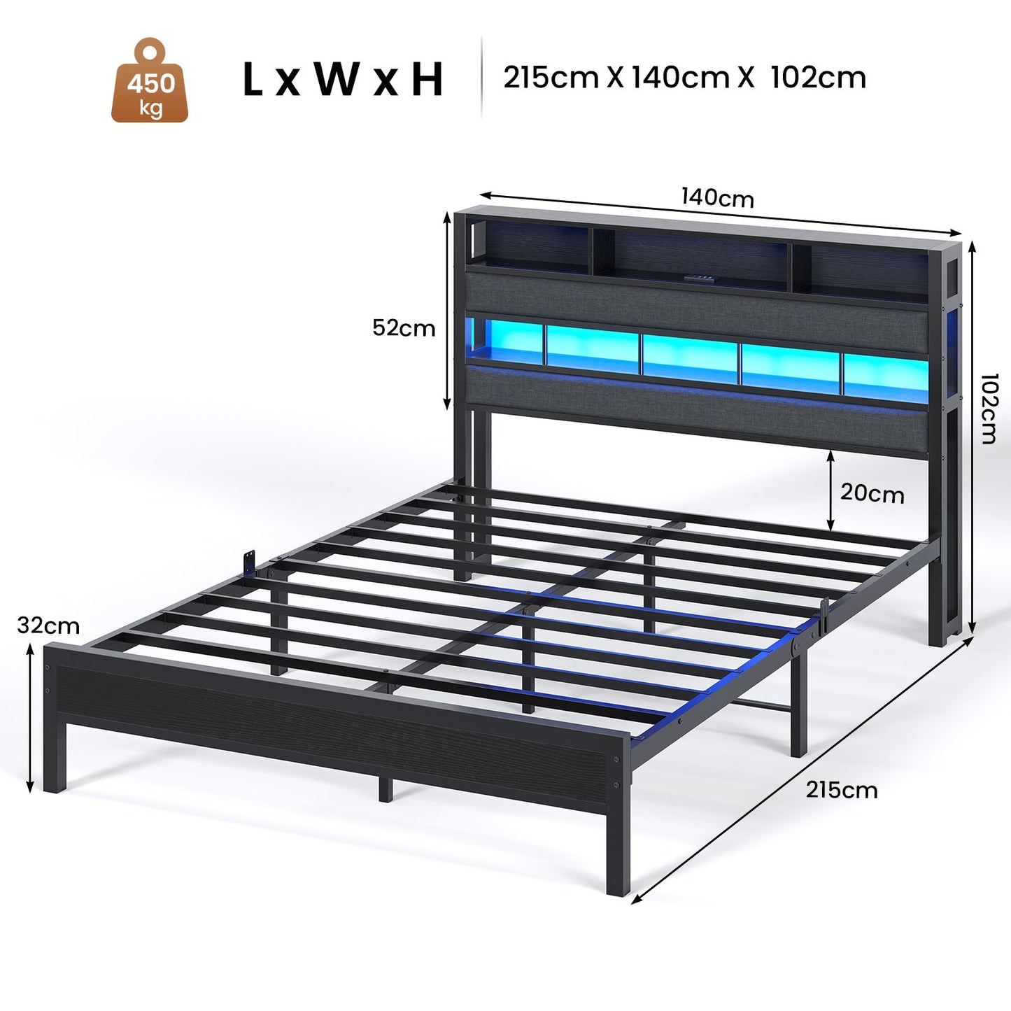 AOGLLATI Lit 140x200 avec Sommier en Métal Noir Lit Double avec Multiprise USB Ruban LED et 3 Étagères Ouvertes