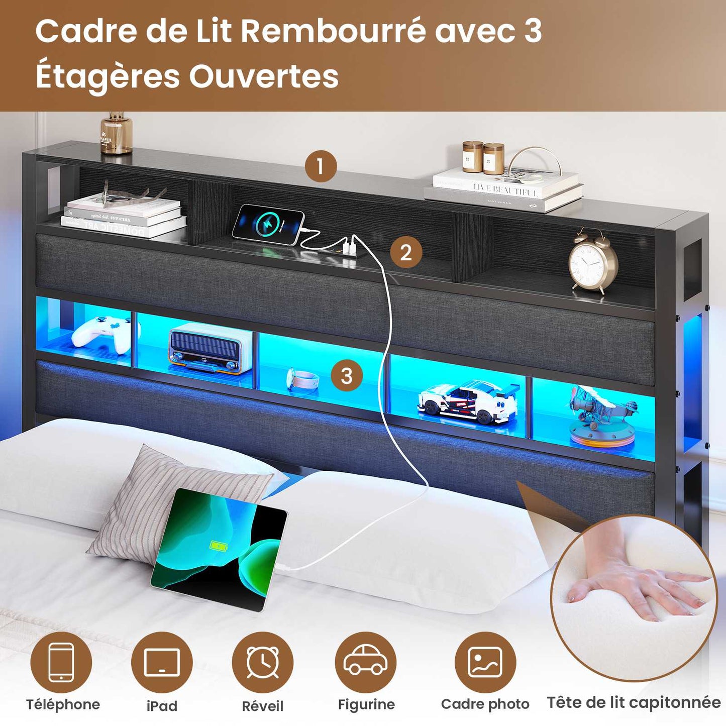 AOGLLATI Lit 140x190 avec Sommier en Métal Noir Lit Double avec Multiprise USB Ruban LED et 3 Étagères Ouvertes