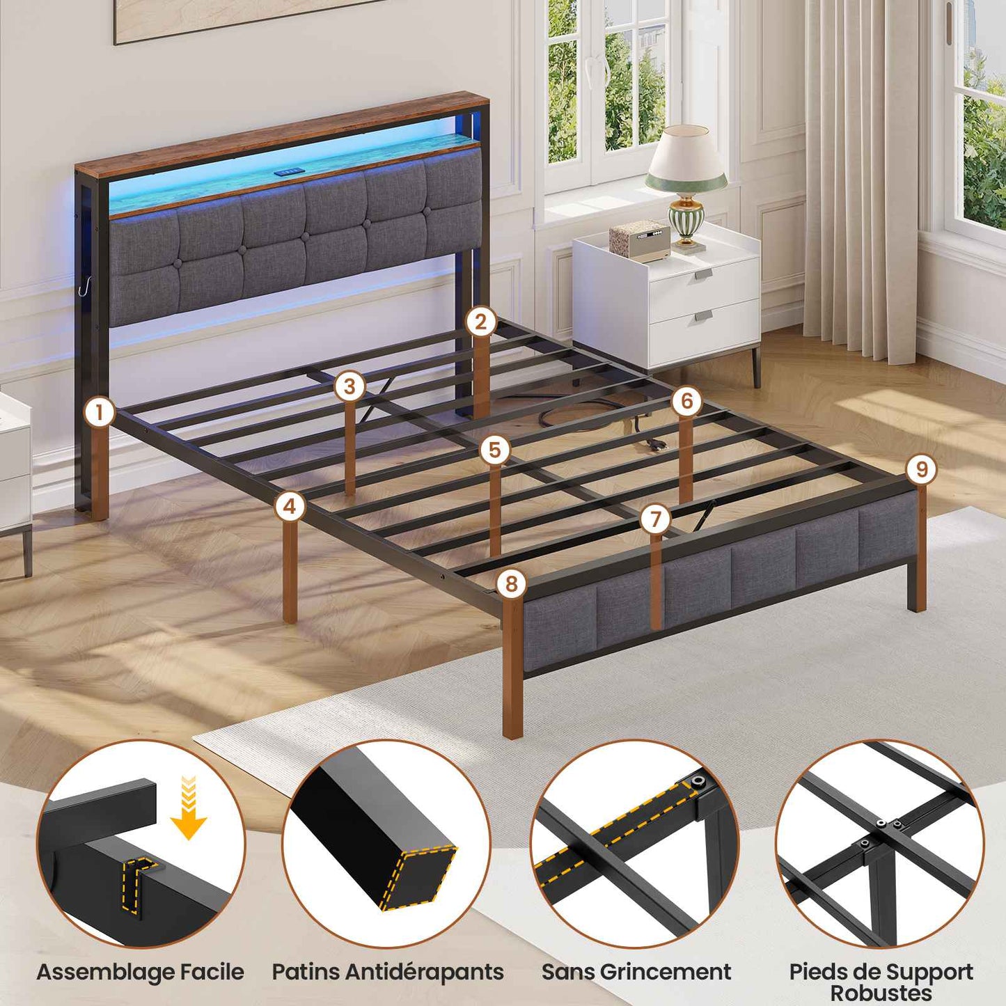 Lit AOGLLATI 140 x 200 lit double équipé d'un éclairage LED de 4 ports USB de 2 étagères ouvertes et d'un espace de rangement de 31 cm sous le sommier