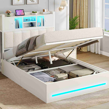 Lit AOGLLATI 90 x 200 avec rangement hydraulique et rangement en tête de lit lit pour adolescent avec éclairage LED et station de recharge lit simple rembourré avec sommier en bois