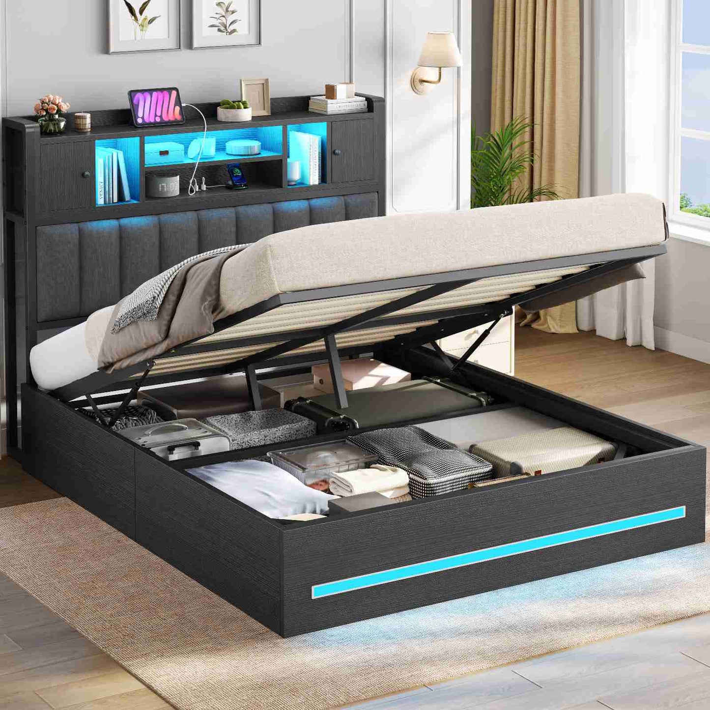 Lit double AOGLLATI 140 × 200 cm avec rangement hydraulique équipé d'un espace de rangement en tête de lit d'un éclairage d'ambiance LED d'une station de recharge USB et d'une tête de lit rembourrée