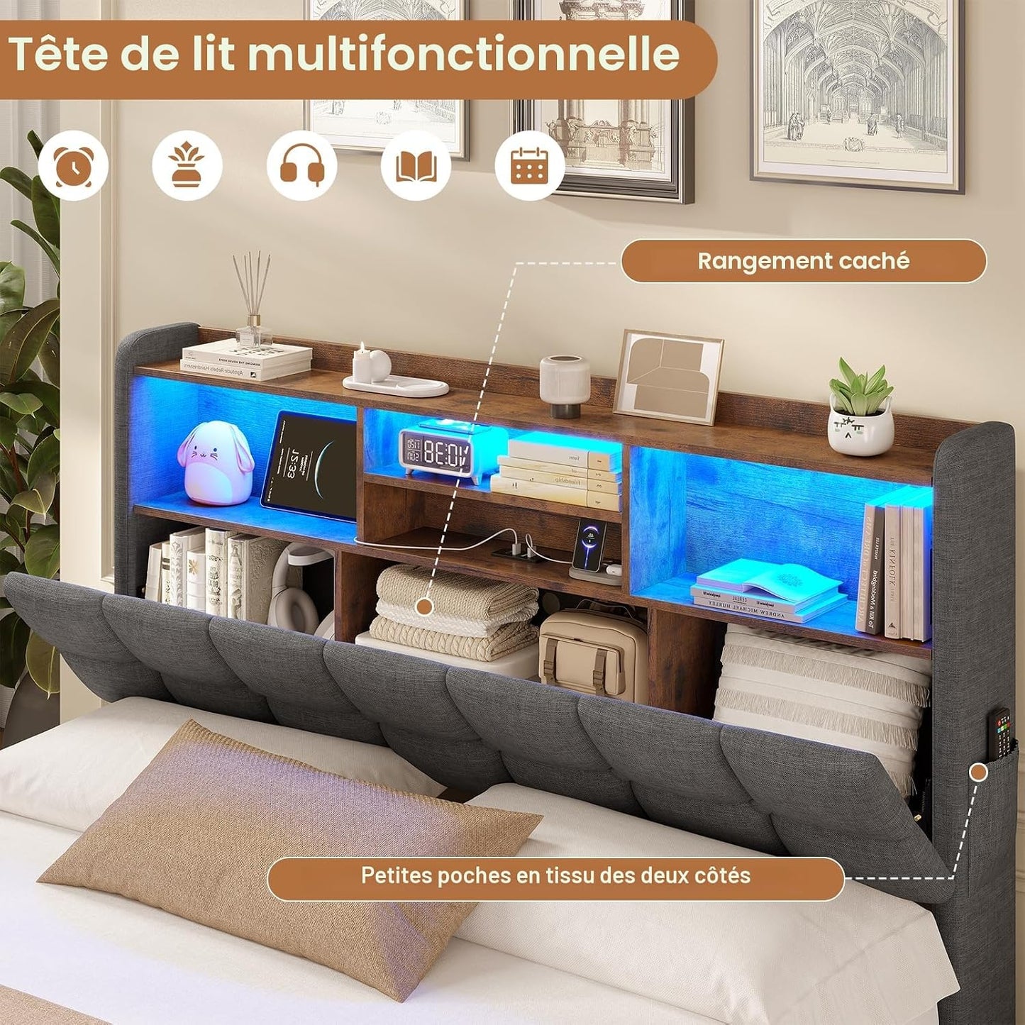 Lit simple avec rangement AOGLLATI 140 x 190 avec multiprise et éclairage LED réglable doté de 5 compartiments de rangement et d'un espace de rangement sous le lit en lin gris foncé