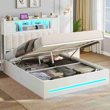 Lit double AOGLLATI 140 × 190 cm avec rangement hydraulique équipé d'un espace de rangement en tête de lit d'un éclairage d'ambiance LED d'une station de recharge USB et d'une tête de lit rembourrée