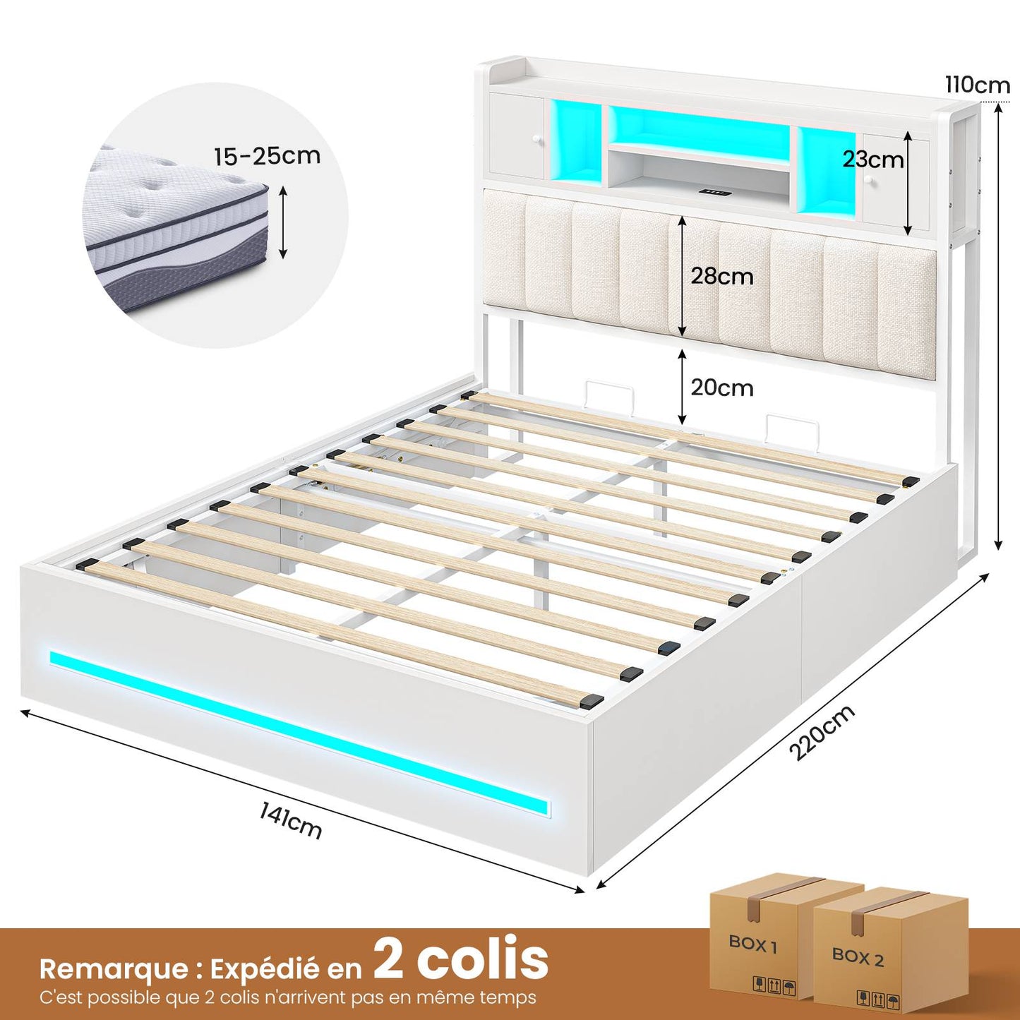 Lit double AOGLLATI 140 × 200 cm avec rangement hydraulique équipé d'un espace de rangement en tête de lit d'un éclairage d'ambiance LED d'une station de recharge USB et d'une tête de lit rembourrée