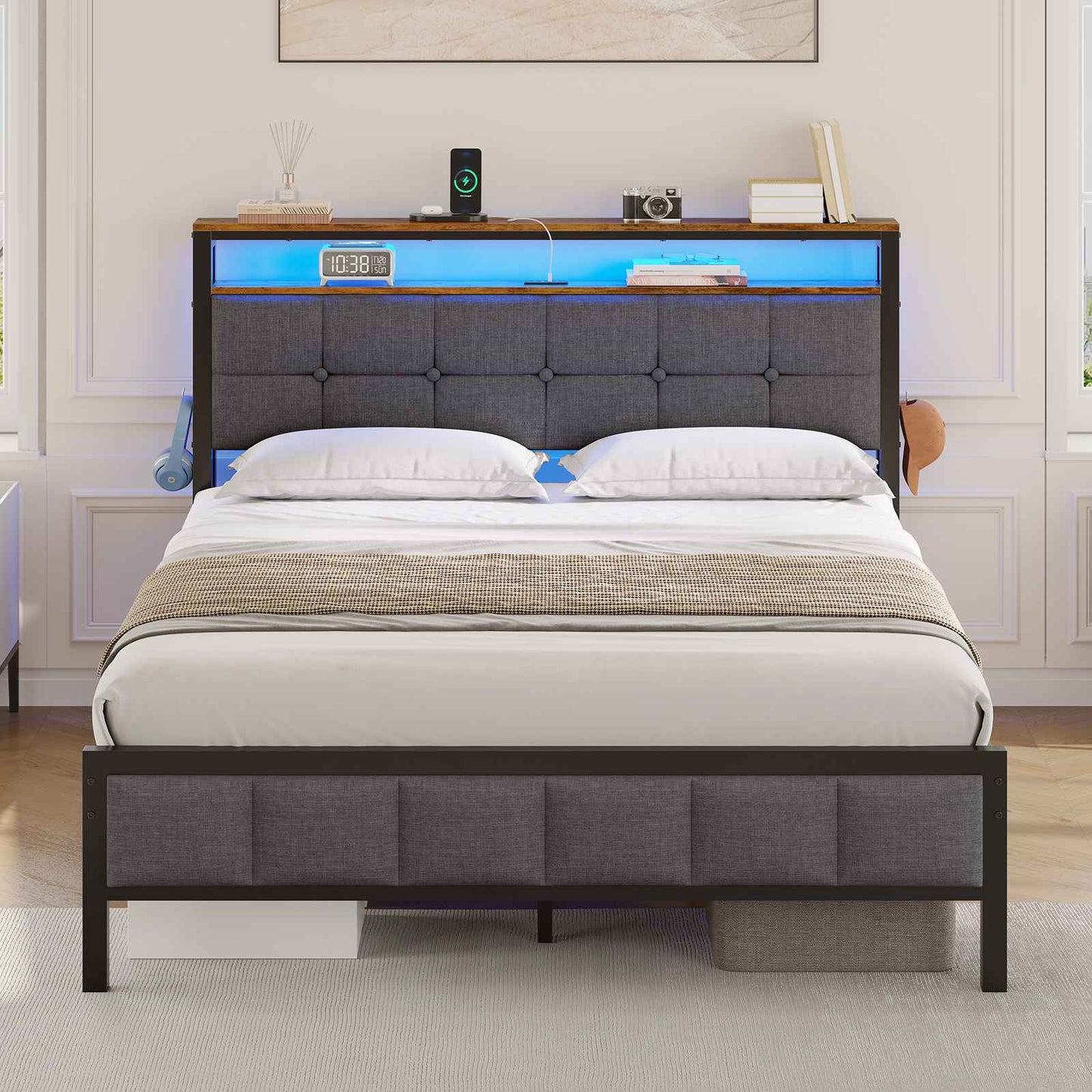 Lit AOGLLATI 140 x 200 lit double équipé d'un éclairage LED de 4 ports USB de 2 étagères ouvertes et d'un espace de rangement de 31 cm sous le sommier