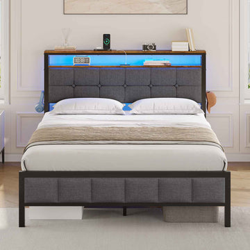 Lit AOGLLATI 140 x 200 lit double équipé d'un éclairage LED de 4 ports USB de 2 étagères ouvertes et d'un espace de rangement de 31 cm sous le sommier