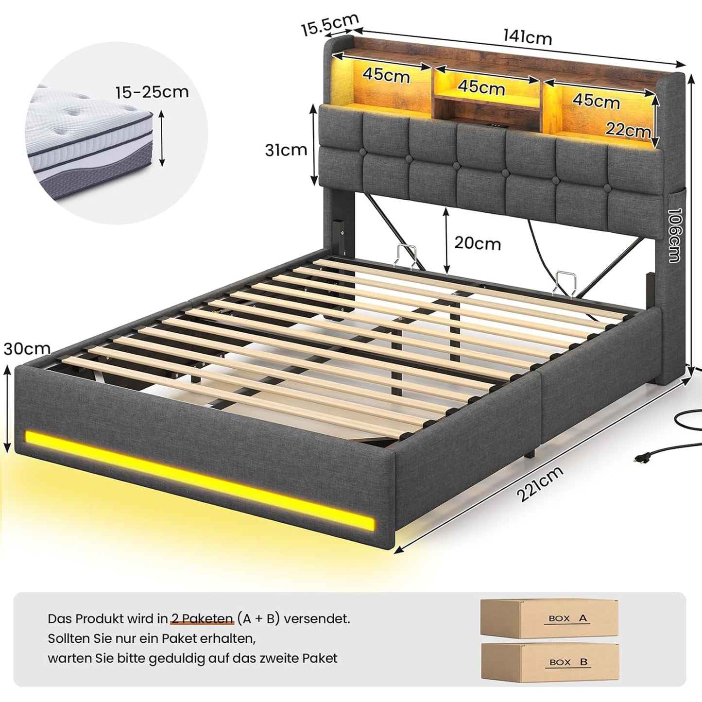 Lit simple avec rangement AOGLLATI 140 x 200 avec multiprise et éclairage LED réglable doté de 5 compartiments de rangement et d'un espace de rangement sous le lit en lin gris foncé