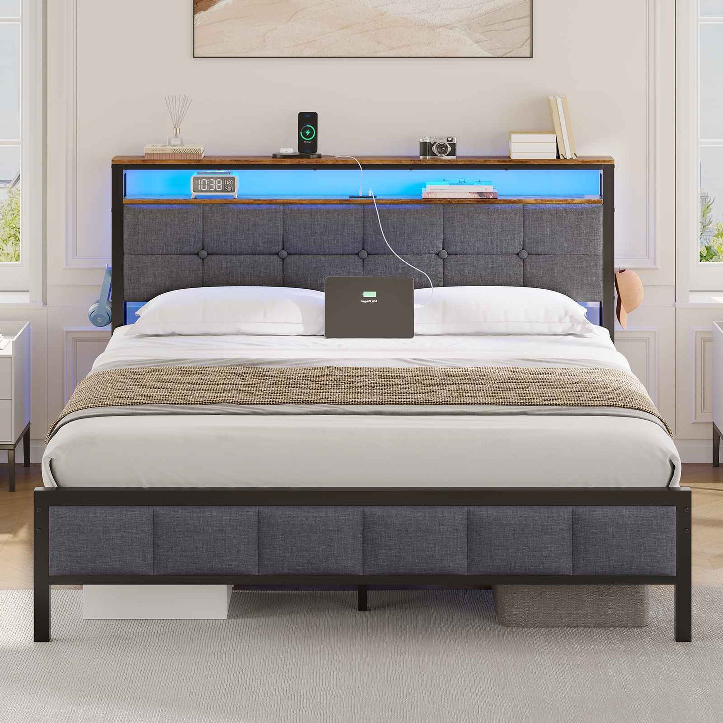 Lit AOGLLATI 160 x 200 lit double équipé d'un éclairage LED de 4 ports USB de 2 étagères ouvertes et d'un espace de rangement de 31 cm sous le sommier