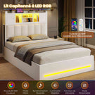Lit AOGLLATI 90 x 200 avec rangement hydraulique et rangement en tête de lit lit pour adolescent avec éclairage LED et station de recharge lit simple rembourré avec sommier en bois
