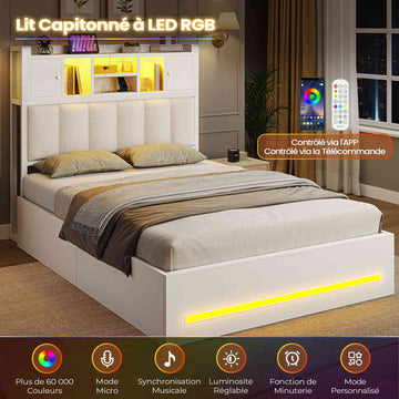 Lit AOGLLATI 90 x 200 avec rangement hydraulique et rangement en tête de lit lit pour adolescent avec éclairage LED et station de recharge lit simple rembourré avec sommier en bois