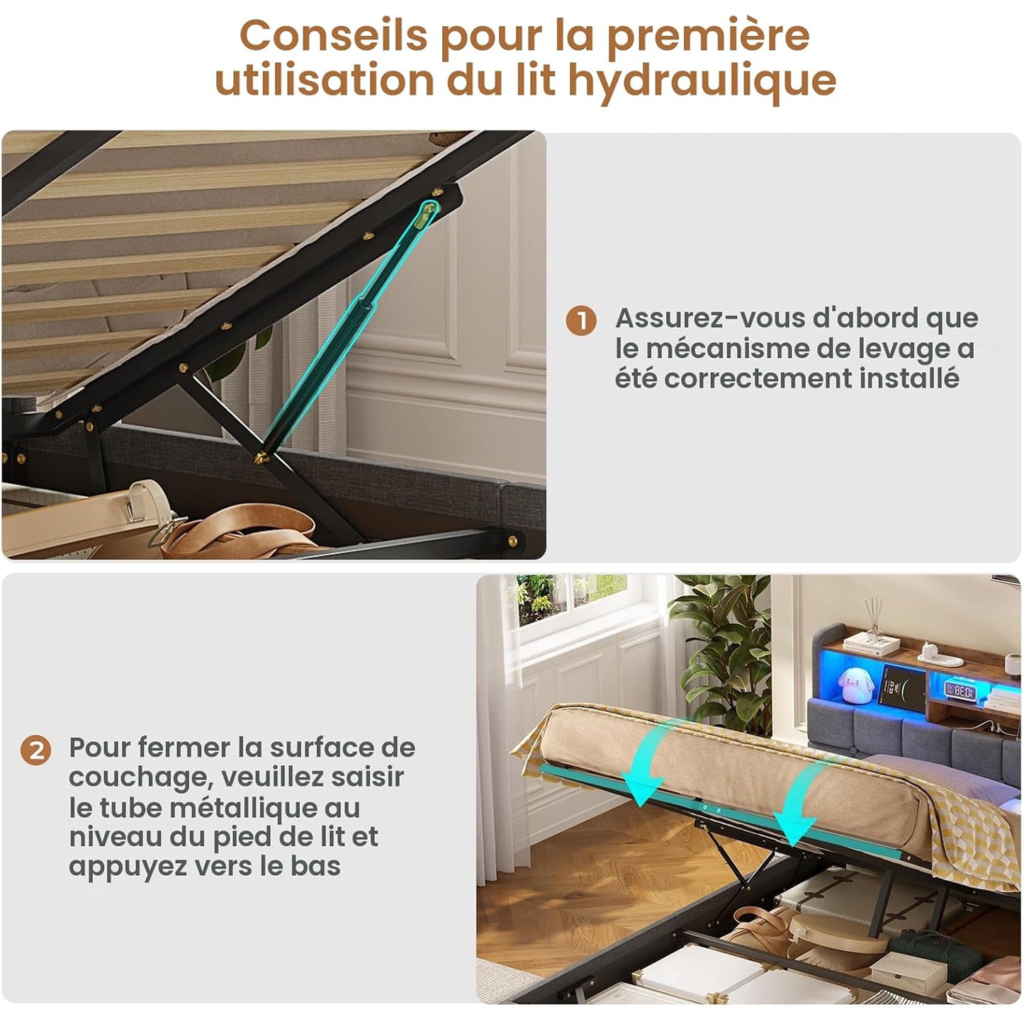 Lit simple avec rangement AOGLLATI 140 x 190 avec multiprise et éclairage LED réglable doté de 5 compartiments de rangement et d'un espace de rangement sous le lit en lin gris foncé