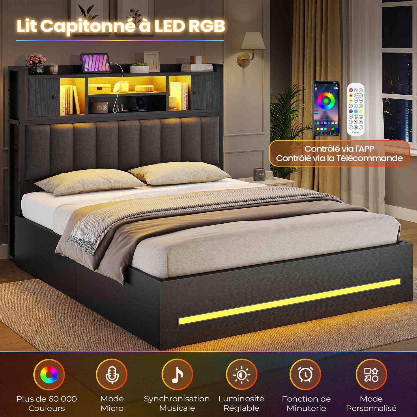 Lit double AOGLLATI 140 × 200 cm avec rangement hydraulique équipé d'un espace de rangement en tête de lit d'un éclairage d'ambiance LED d'une station de recharge USB et d'une tête de lit rembourrée
