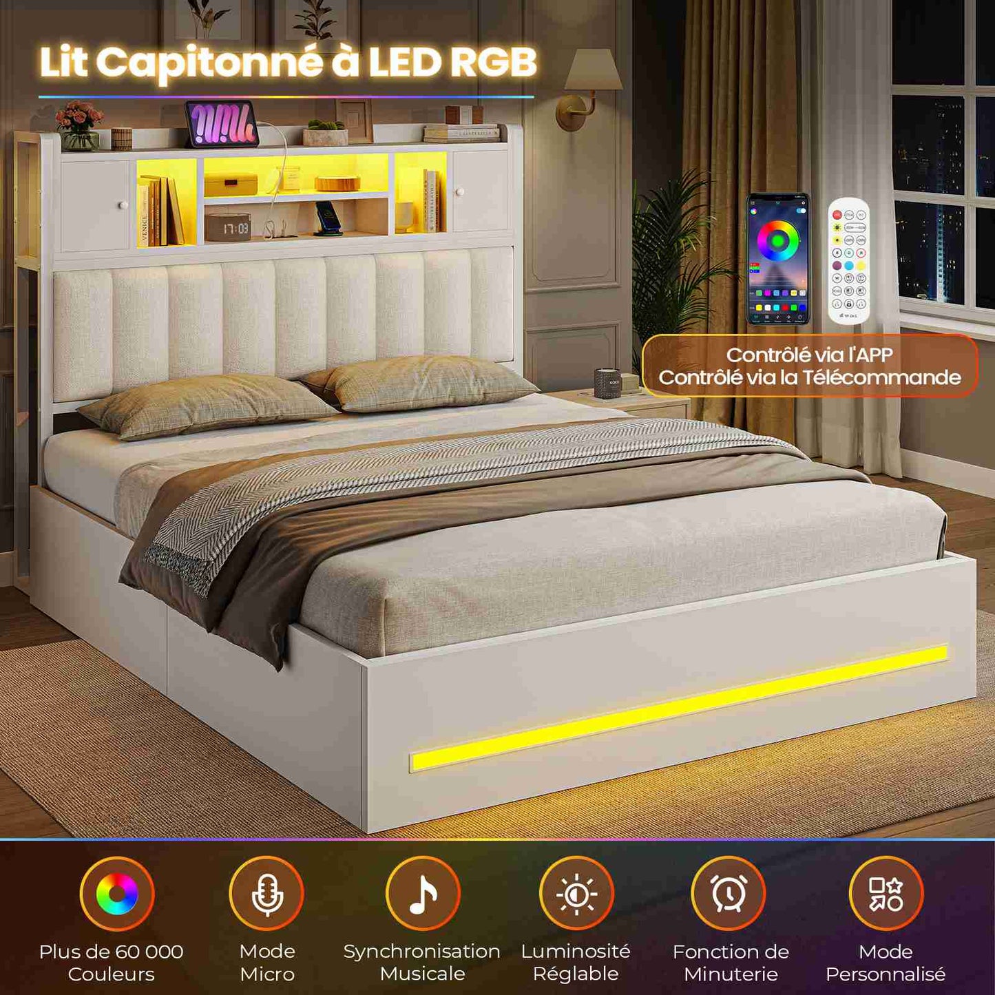 Lit double AOGLLATI 140 × 190 cm avec rangement hydraulique équipé d'un espace de rangement en tête de lit d'un éclairage d'ambiance LED d'une station de recharge USB et d'une tête de lit rembourrée
