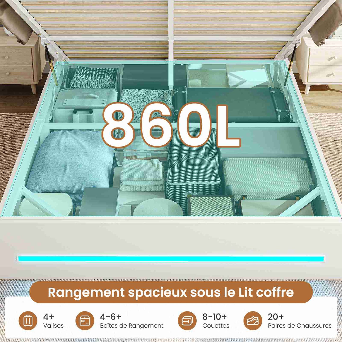 Lit double AOGLLATI 140 × 200 cm avec rangement hydraulique équipé d'un espace de rangement en tête de lit d'un éclairage d'ambiance LED d'une station de recharge USB et d'une tête de lit rembourrée