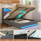 Lit simple avec rangement AOGLLATI 140 x 190 avec multiprise et éclairage LED réglable doté de 5 compartiments de rangement et d'un espace de rangement sous le lit en lin gris foncé