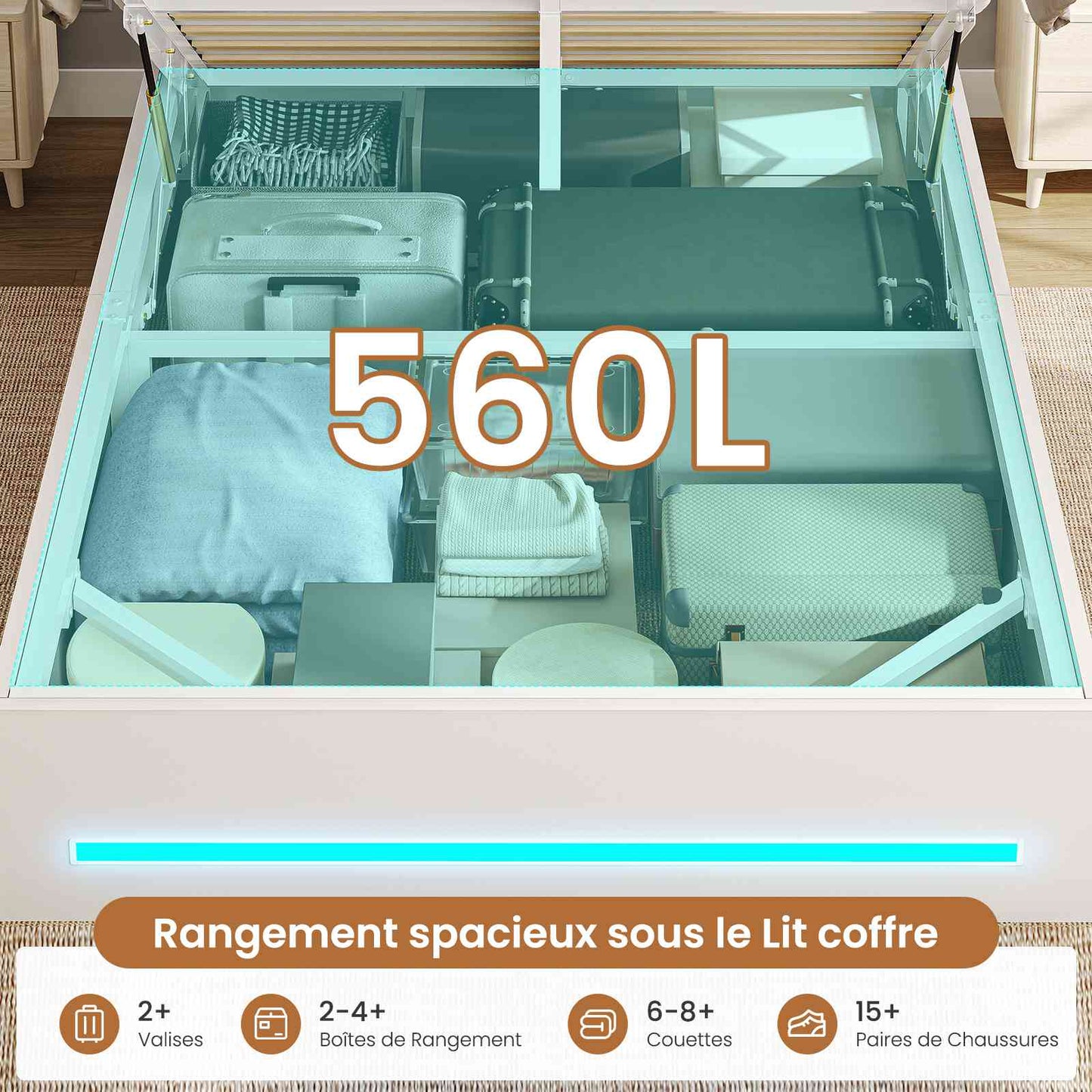 Lit AOGLLATI 90 x 200 avec rangement hydraulique et rangement en tête de lit lit pour adolescent avec éclairage LED et station de recharge lit simple rembourré avec sommier en bois
