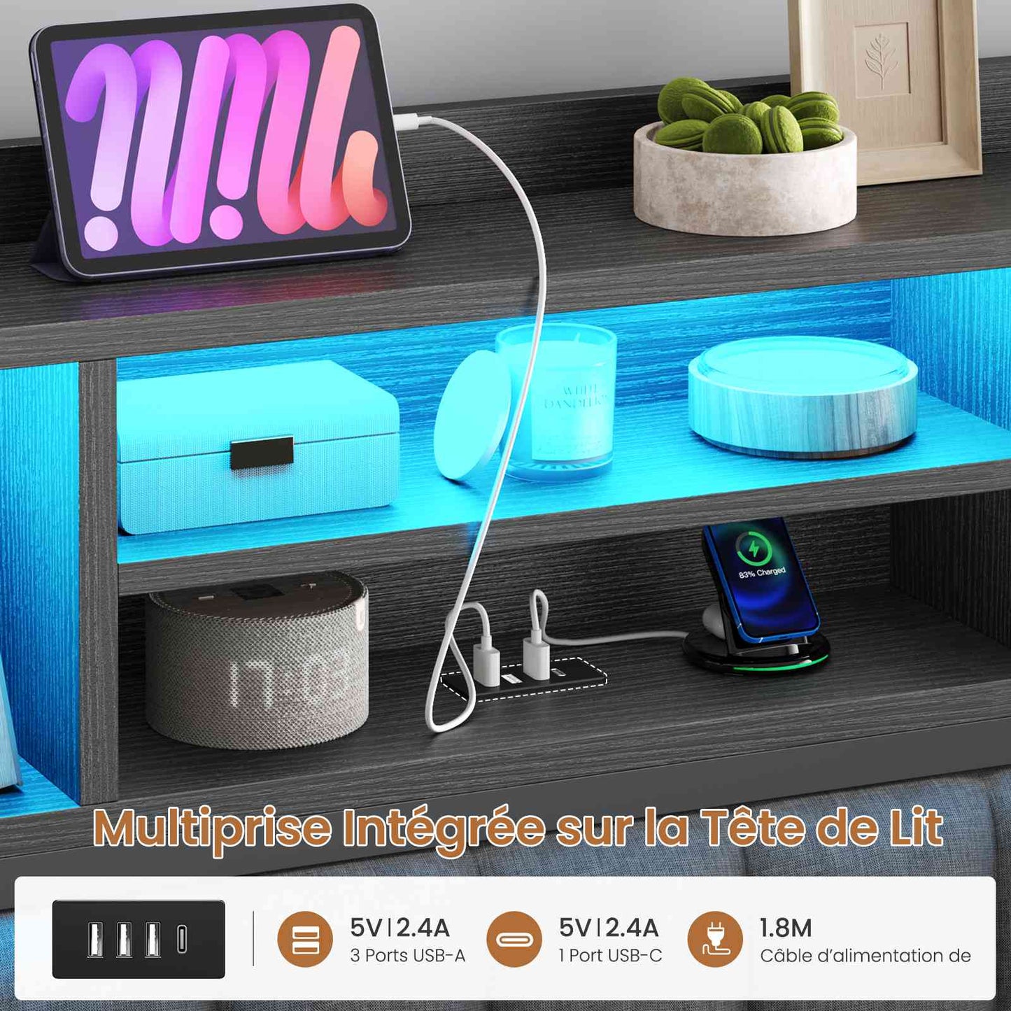 Lit double AOGLLATI 140 × 200 cm avec rangement hydraulique équipé d'un espace de rangement en tête de lit d'un éclairage d'ambiance LED d'une station de recharge USB et d'une tête de lit rembourrée