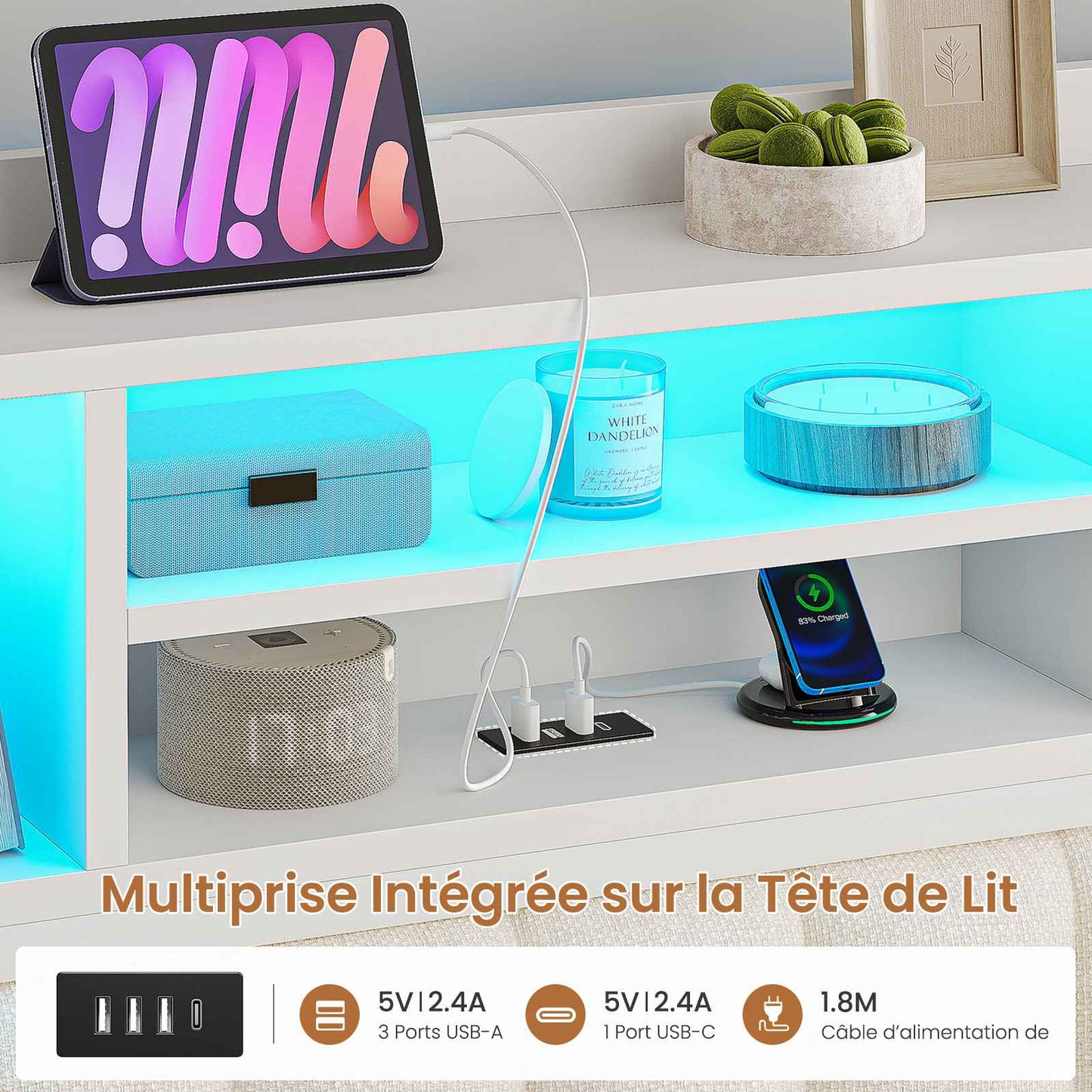 Lit double AOGLLATI 140 × 200 cm avec rangement hydraulique équipé d'un espace de rangement en tête de lit d'un éclairage d'ambiance LED d'une station de recharge USB et d'une tête de lit rembourrée