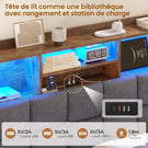 Lit simple avec rangement AOGLLATI 140 x 190 avec multiprise et éclairage LED réglable doté de 5 compartiments de rangement et d'un espace de rangement sous le lit en lin gris foncé