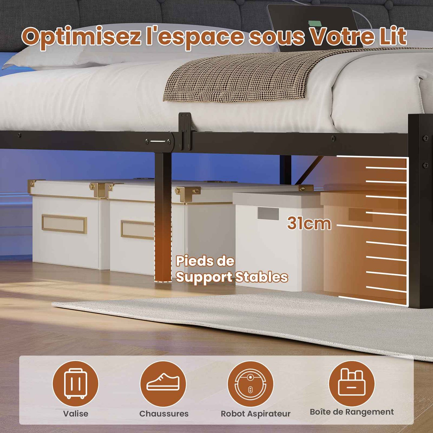 Lit AOGLLATI 160 x 200 lit double équipé d'un éclairage LED de 4 ports USB de 2 étagères ouvertes et d'un espace de rangement de 31 cm sous le sommier