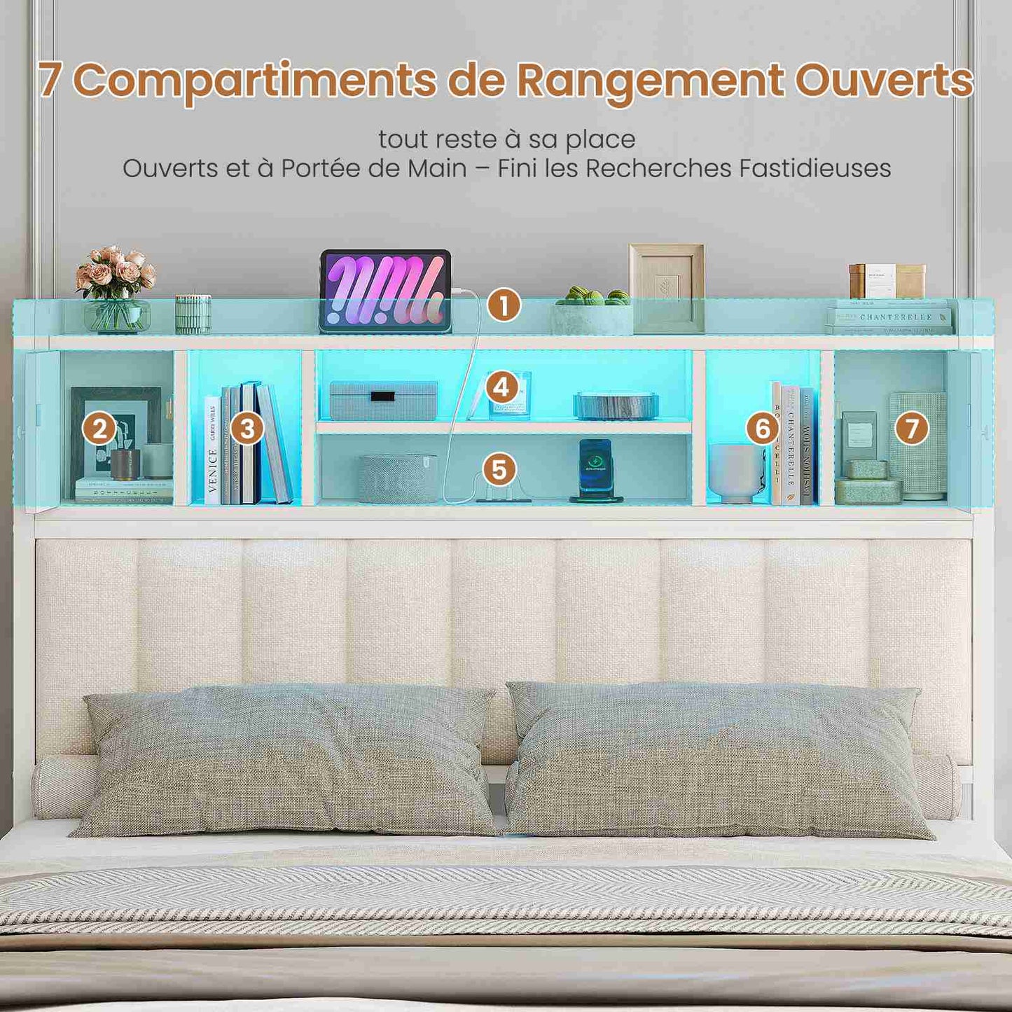 Lit double AOGLLATI 140 × 190 cm avec rangement hydraulique équipé d'un espace de rangement en tête de lit d'un éclairage d'ambiance LED d'une station de recharge USB et d'une tête de lit rembourrée