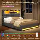Lit simple avec rangement AOGLLATI 140 x 190 avec multiprise et éclairage LED réglable doté de 5 compartiments de rangement et d'un espace de rangement sous le lit en lin gris foncé