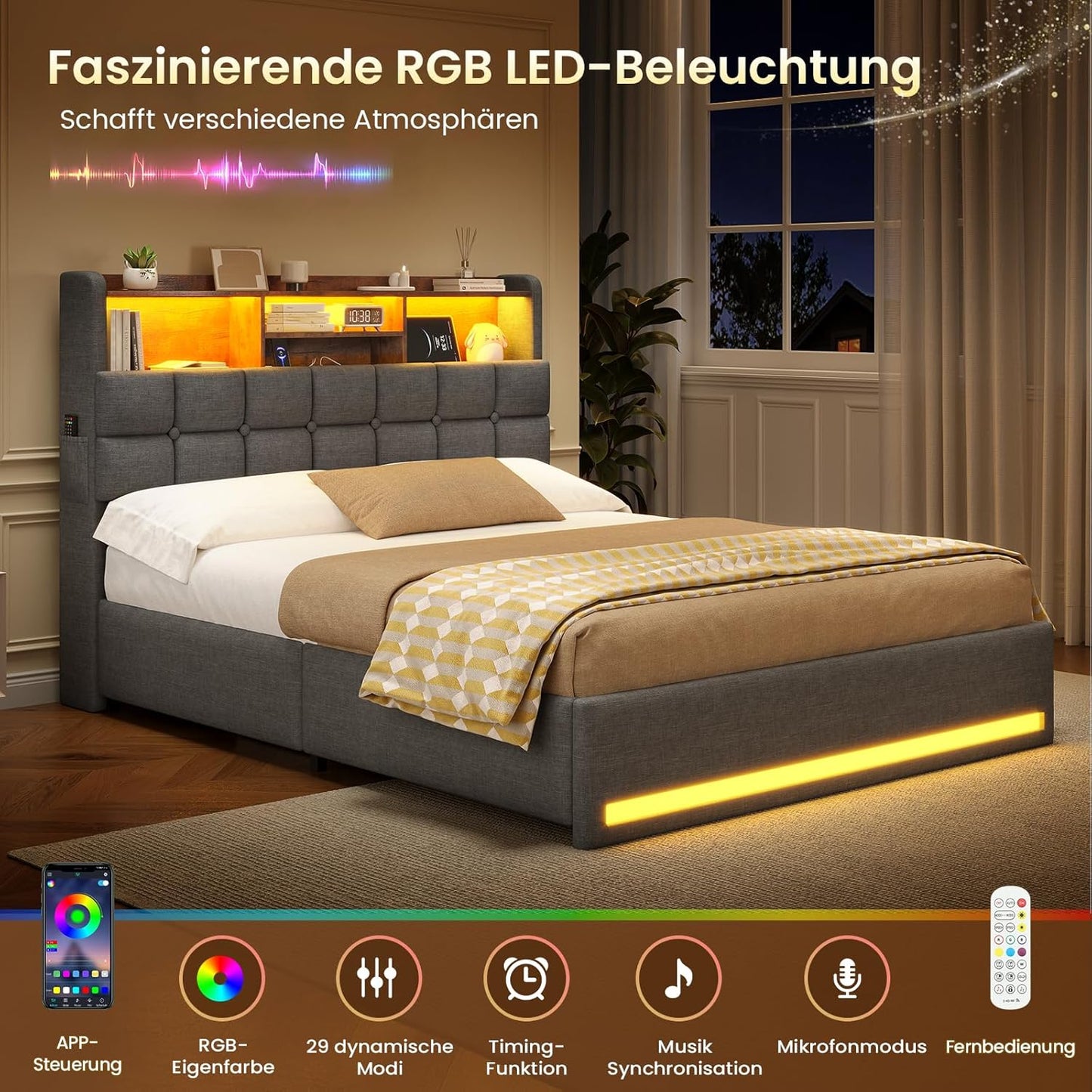 Lit simple avec rangement AOGLLATI 140 x 190 avec multiprise et éclairage LED réglable doté de 5 compartiments de rangement et d'un espace de rangement sous le lit en lin gris foncé