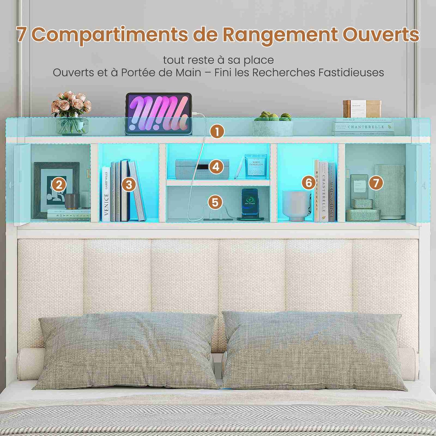 Lit AOGLLATI 90 x 200 avec rangement hydraulique et rangement en tête de lit lit pour adolescent avec éclairage LED et station de recharge lit simple rembourré avec sommier en bois
