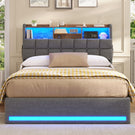 Lit simple avec rangement AOGLLATI 140 x 190 avec multiprise et éclairage LED réglable doté de 5 compartiments de rangement et d'un espace de rangement sous le lit en lin gris foncé