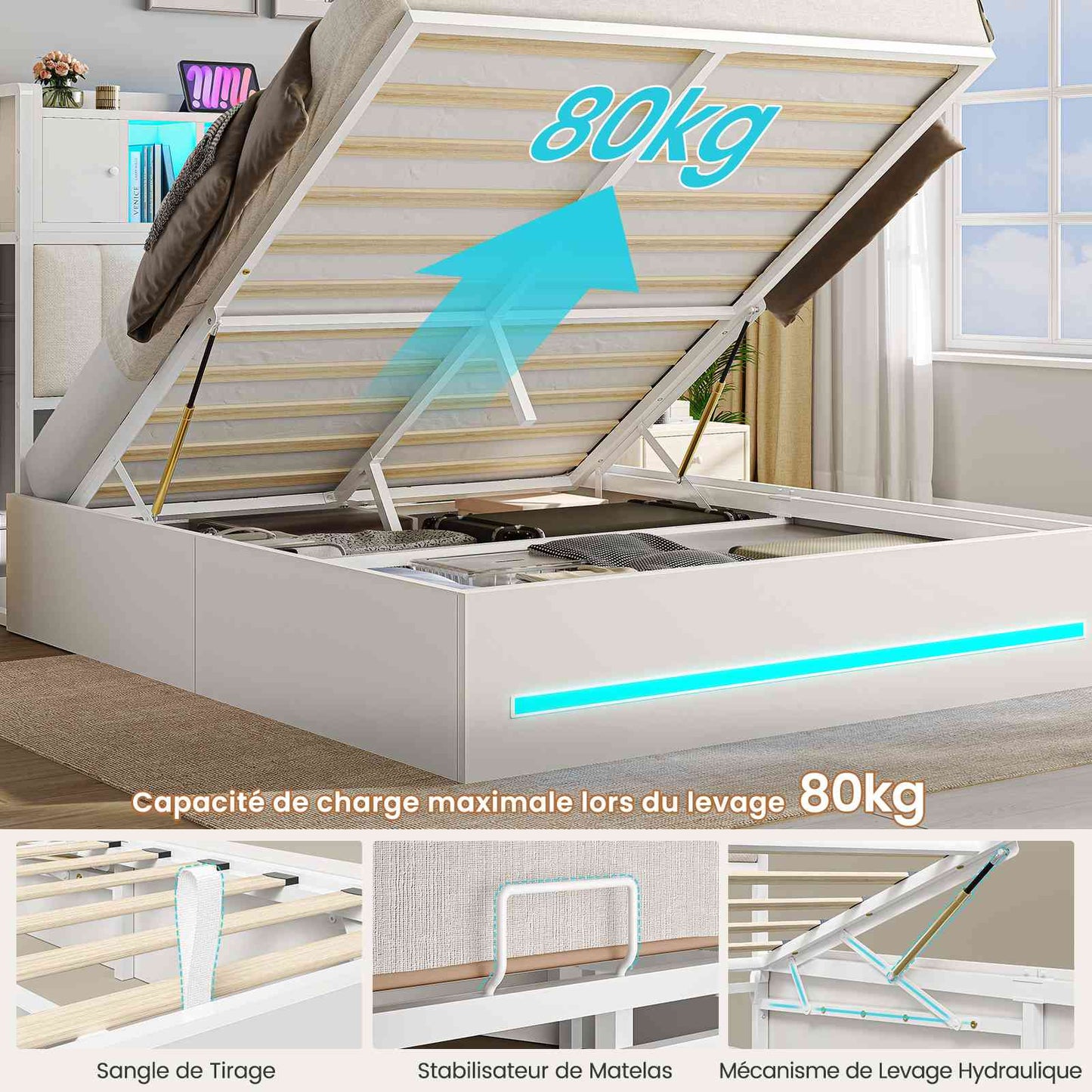 Lit double AOGLLATI 140 × 200 cm avec rangement hydraulique équipé d'un espace de rangement en tête de lit d'un éclairage d'ambiance LED d'une station de recharge USB et d'une tête de lit rembourrée
