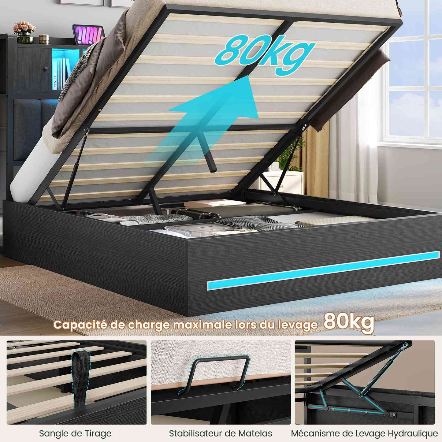 Lit double AOGLLATI 140 × 200 cm avec rangement hydraulique équipé d'un espace de rangement en tête de lit d'un éclairage d'ambiance LED d'une station de recharge USB et d'une tête de lit rembourrée
