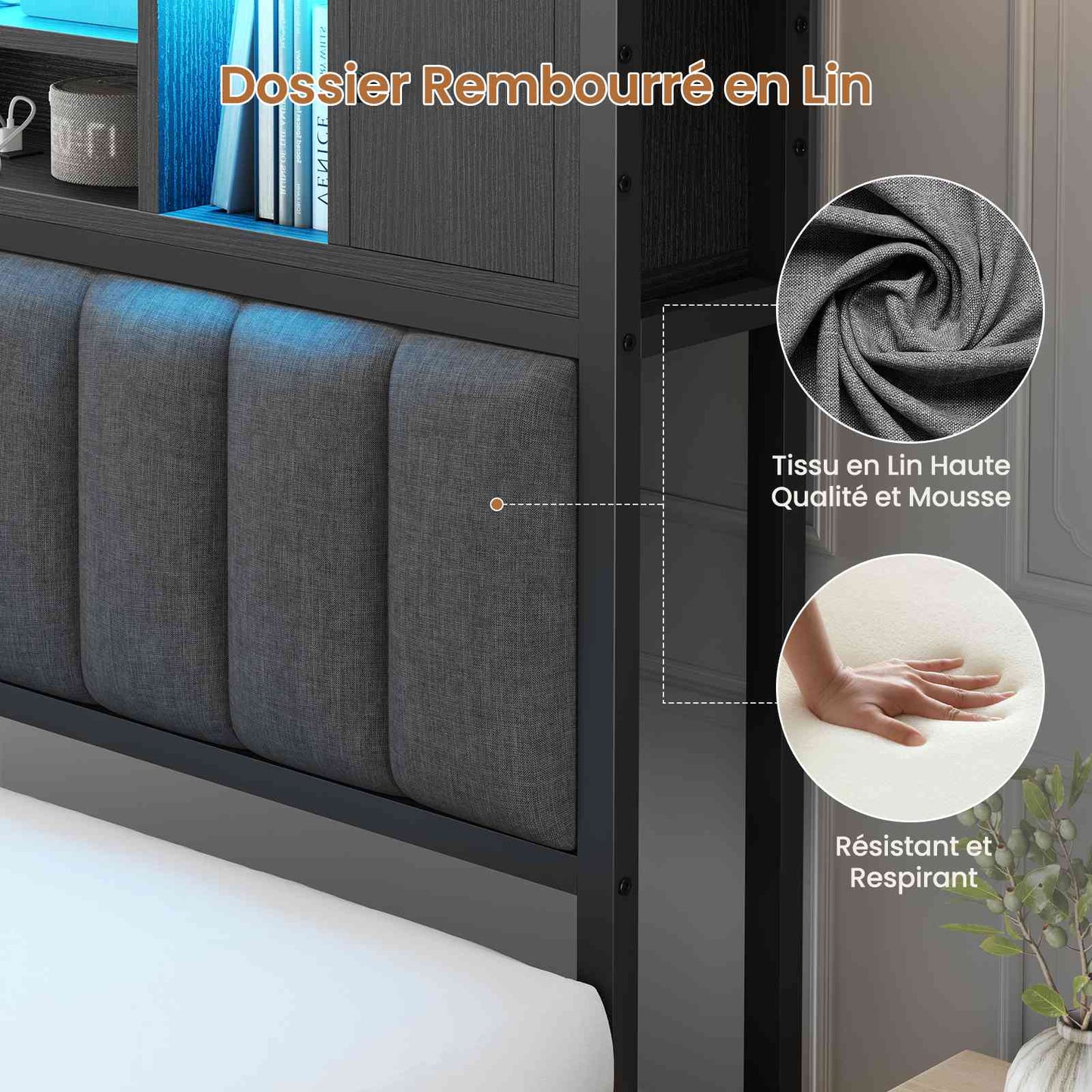 Lit double AOGLLATI 140 × 200 cm avec rangement hydraulique équipé d'un espace de rangement en tête de lit d'un éclairage d'ambiance LED d'une station de recharge USB et d'une tête de lit rembourrée