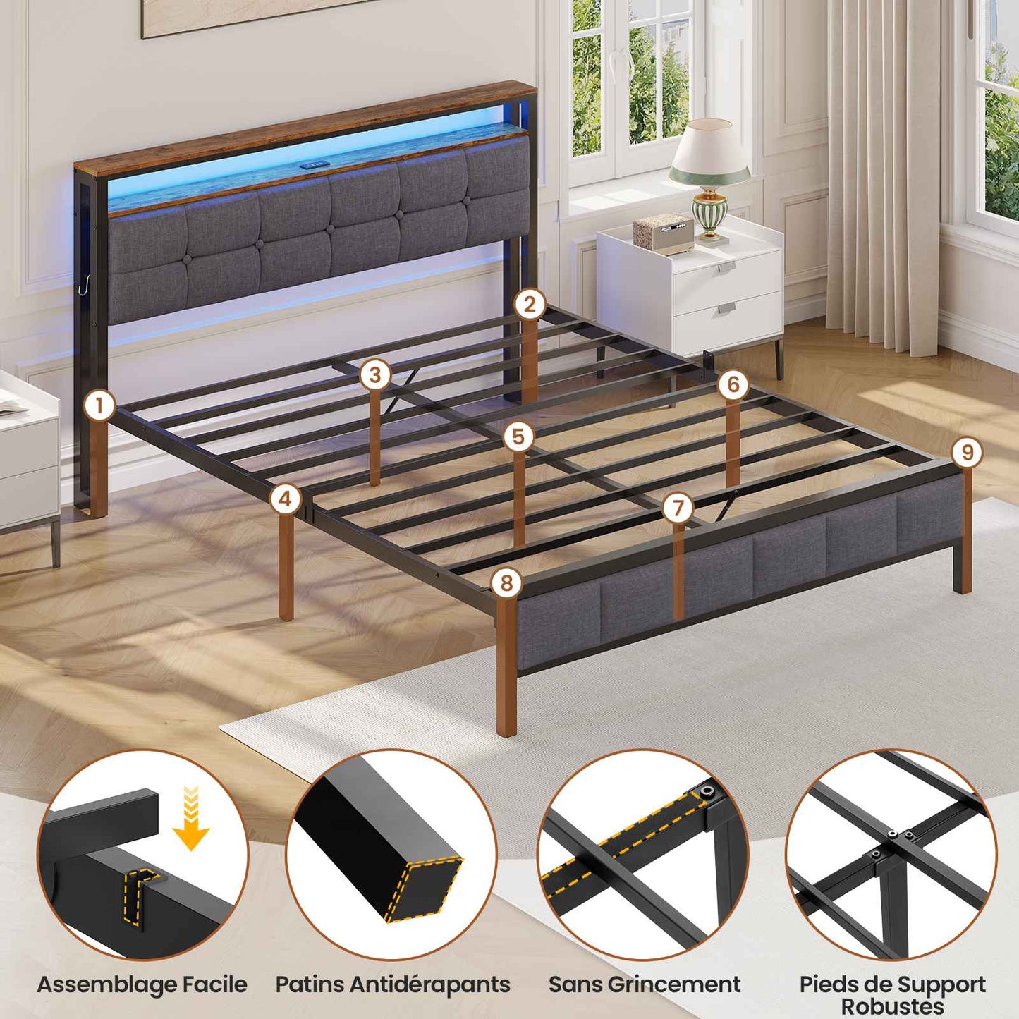 Lit AOGLLATI 160 x 200 lit double équipé d'un éclairage LED de 4 ports USB de 2 étagères ouvertes et d'un espace de rangement de 31 cm sous le sommier