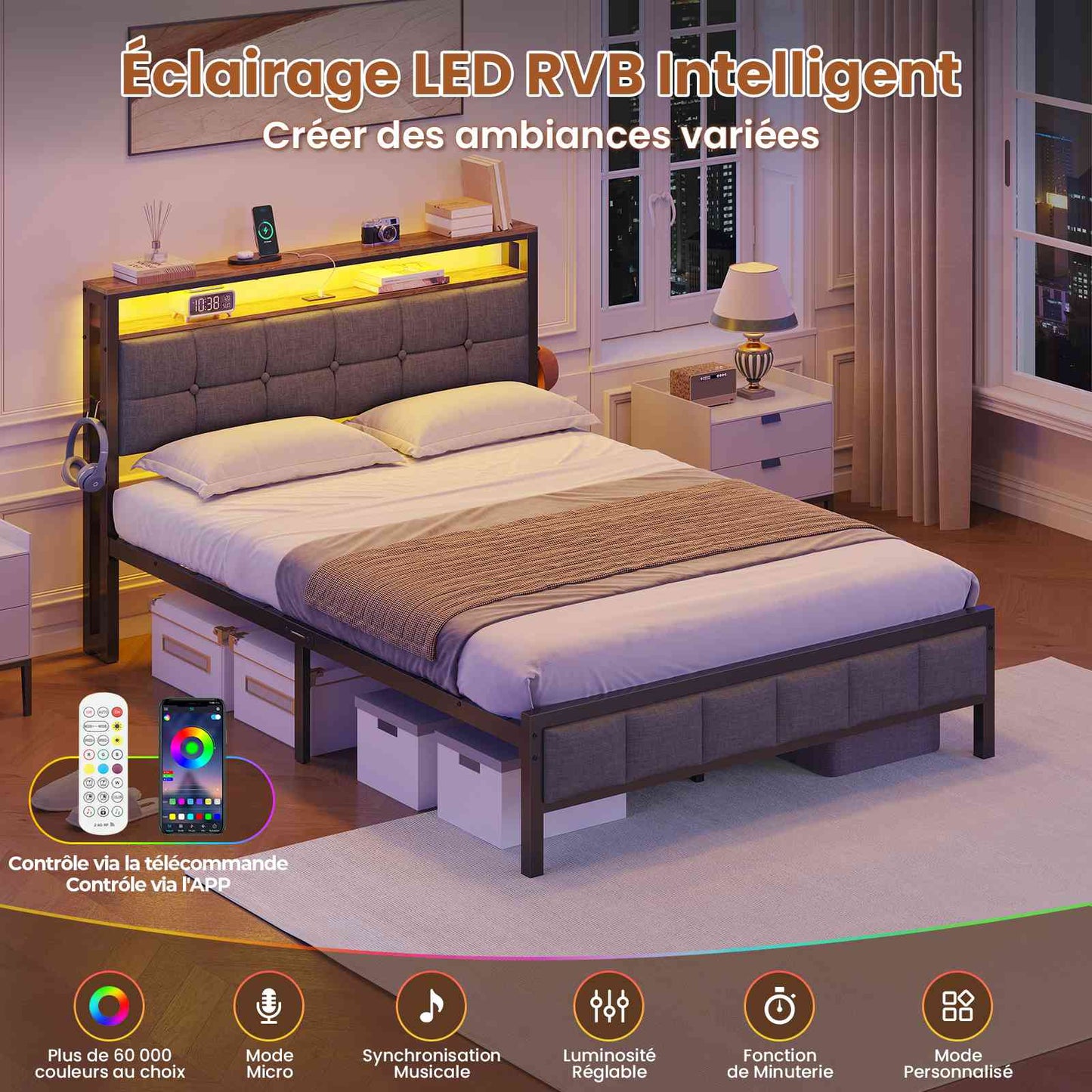 Lit AOGLLATI 140 x 200 lit double équipé d'un éclairage LED de 4 ports USB de 2 étagères ouvertes et d'un espace de rangement de 31 cm sous le sommier
