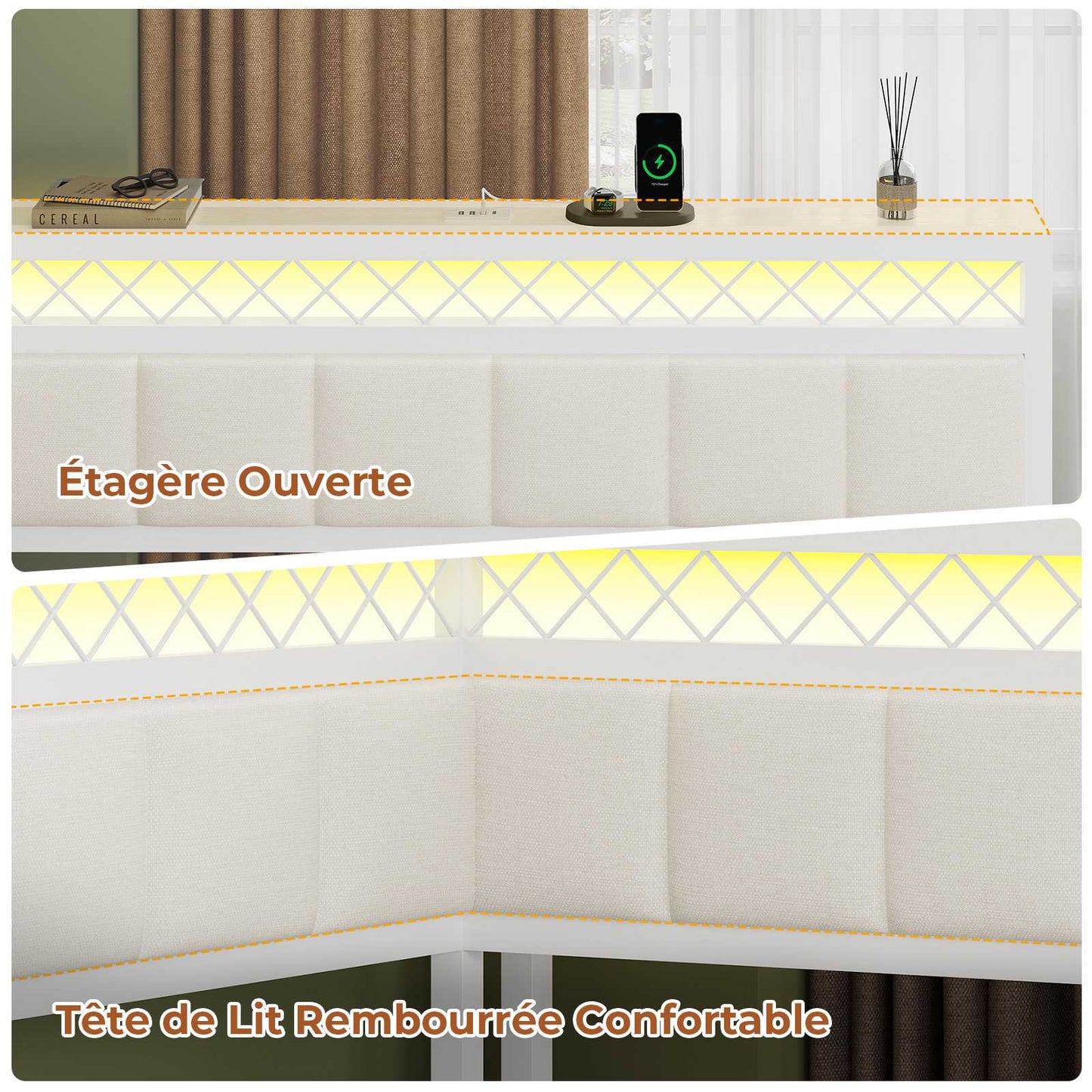 AOGLLATI Canapé Lit 140x200 avec Étagère Ouverte et 2 Grands Tiroirs Lit 140x200 avec Éclairage LED et Multiprise
