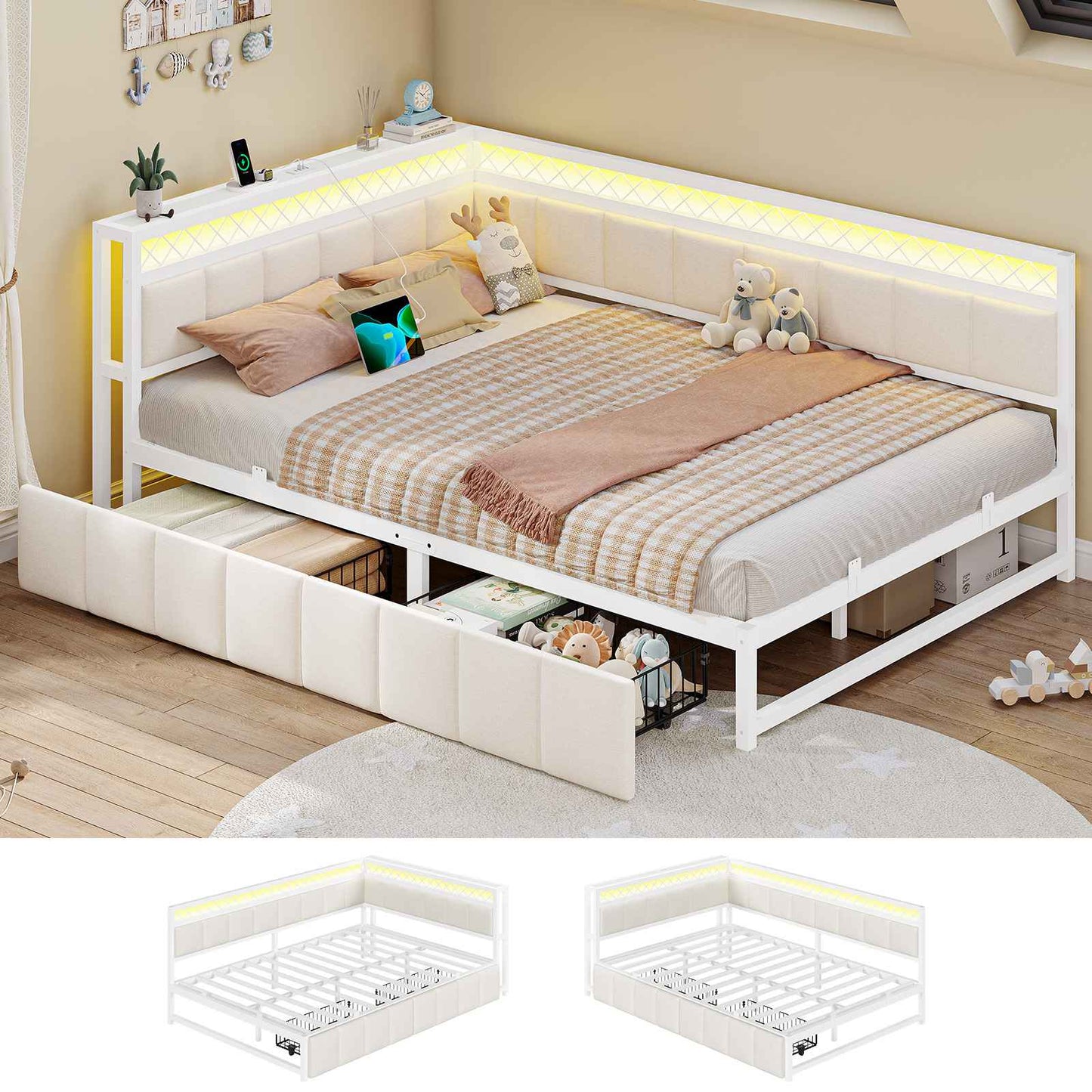 AOGLLATI Canapé Lit 140x200 avec Étagère Ouverte et 2 Grands Tiroirs Lit 140x200 avec Éclairage LED et Multiprise